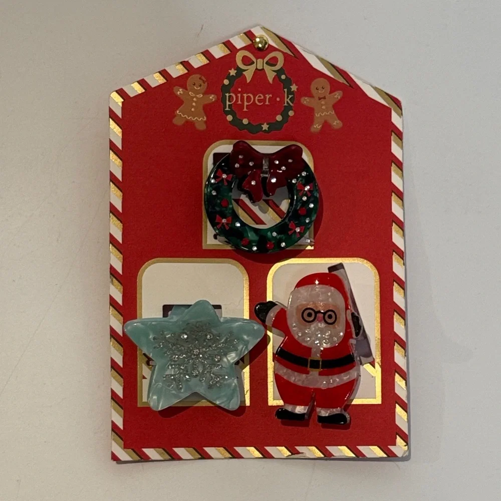 NWT Piper K 3Pcs Christmas Hair Clips Wreath, Star and Santa Claus